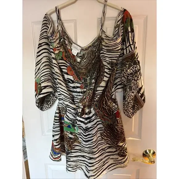 Camilla Womens BLACK WHITE Tiger Silk Romper Multi color sz Med pockets crystals - Picture 1 of 15